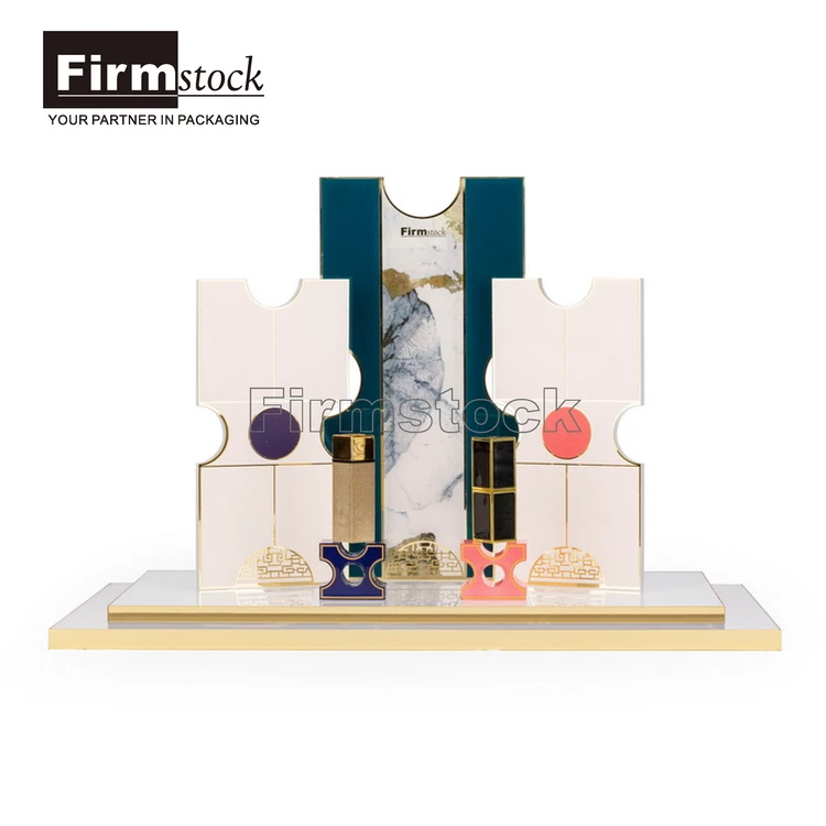 acrylic glossy finish demonstration marble cosmetic lotion display set stand make up display showcase