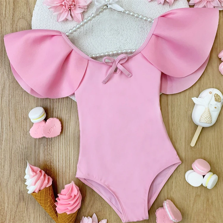 New children one piece swimsuit ruffle sleeve solid color bathing suit cute baby girl backless bikini beachwear