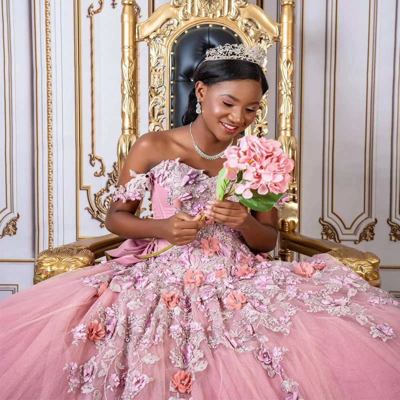 Mumuleo Pink Tulle Luxury Ball Gown Quinceanera Dresses With Cape Sweet 16 Dress Appliques Flower Back Lace-Up Vestidos 15 De Xv