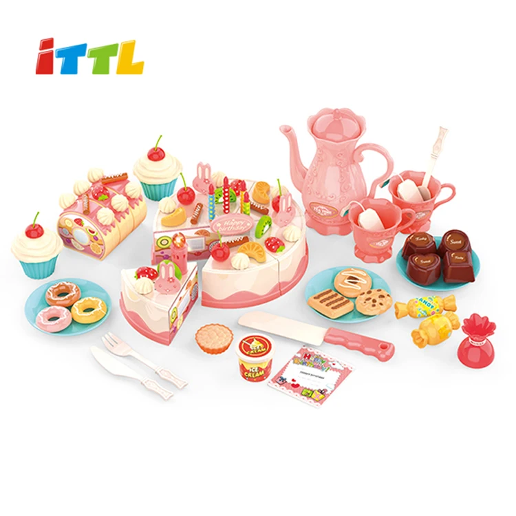 Good Selling Kids Pretend DIY Birthday Cake Toy Play Food Set With Light Music