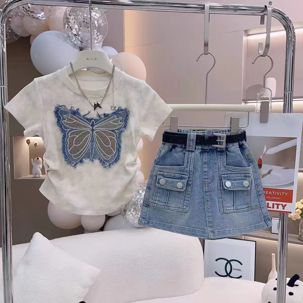 Girls 2024 Summer New Kid Girls Butterfly T-shirt+denim A-line Skirt 2 PCS Set Clothes
