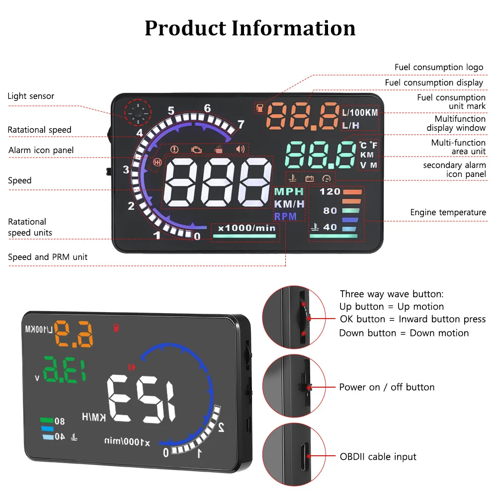 A8 Head Up Display Automobile Use Car HUD Projector Smart Digital Speedometer OBD2 Diagnostic