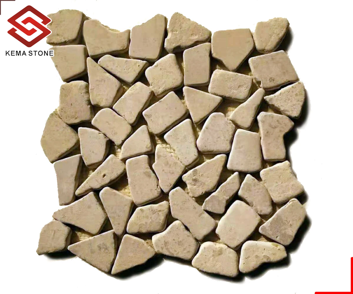 Rustic Tumbled Irregular Chinese Beige Limestone Stone Random Shape Mosaic Tiles Pattern for Wall and Floor