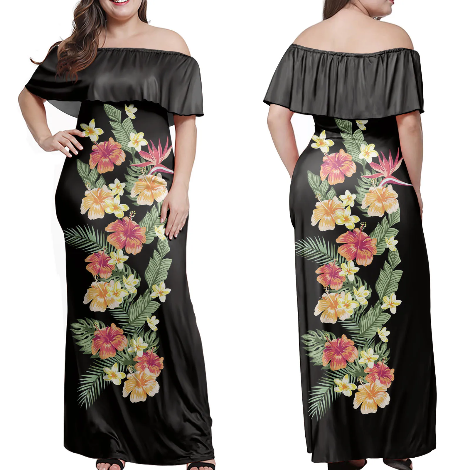
Black Floral Tribal Polynesian Hawaii Print Women Plus Size Off Shoulder Ruffle Dress Casual Summer Beach Dress Strapless Dress 