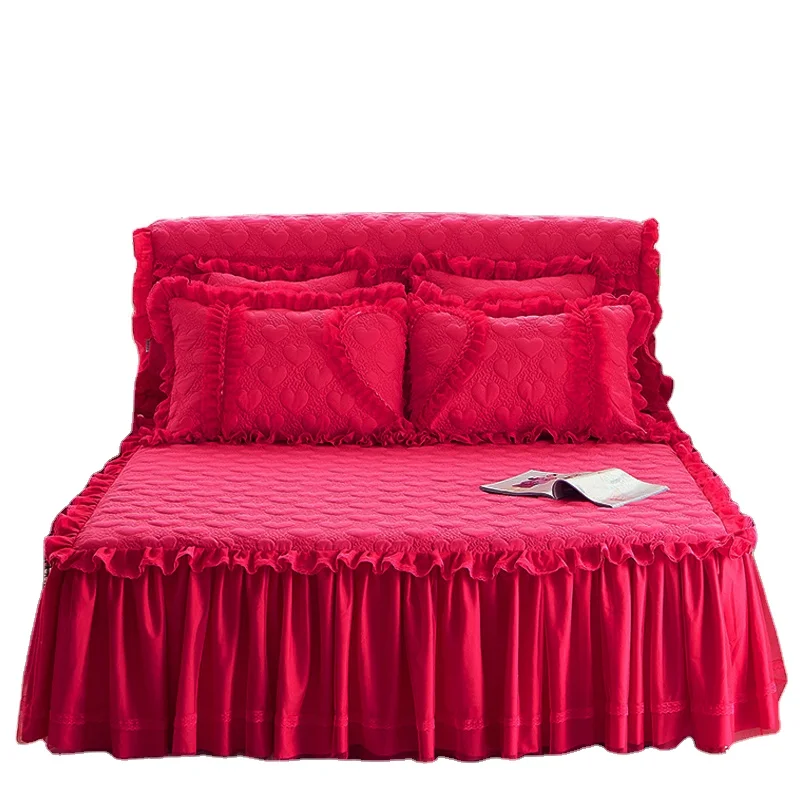 Стеганая стеганая хлопковая Свадебная юбка с кружевной отделкой в Корейском стиле эластичная плиссированная кровать