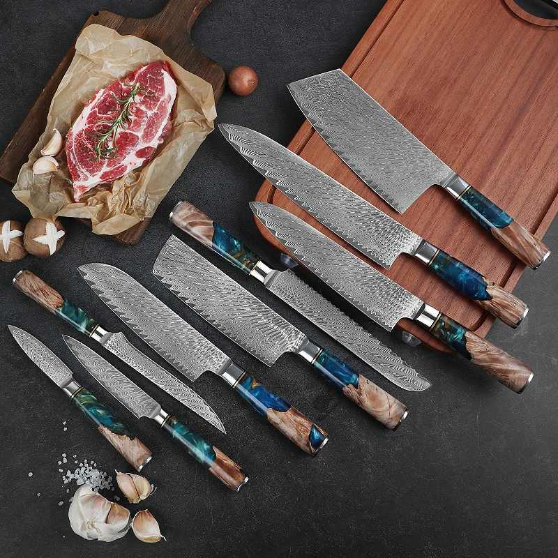 Chef Cooking VG10 67layers Japanese Kitchen Knives Damascus Knife Set Blue Resin Handle Damascus Steel Knife