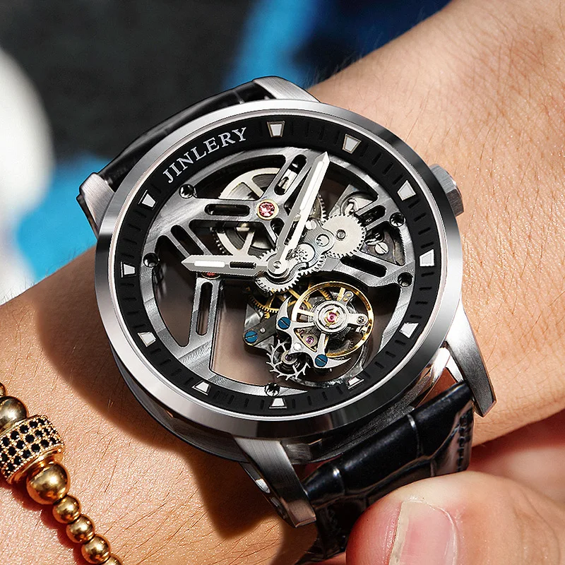 JINLERY Mechanical Tourbillon movement Watch Skeleton Design Leather Strap Waterproof Mechanical Tourbillon Watch for men