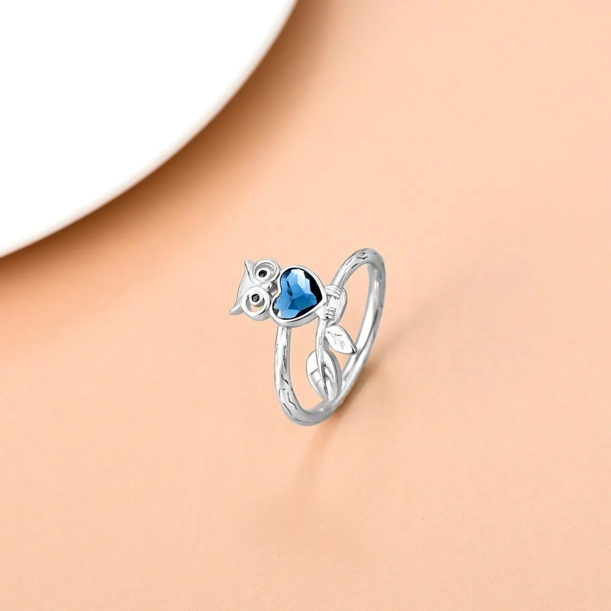 Heart Blue Crystal With Animal Owl 925 Sterling Silver Ring For Women
