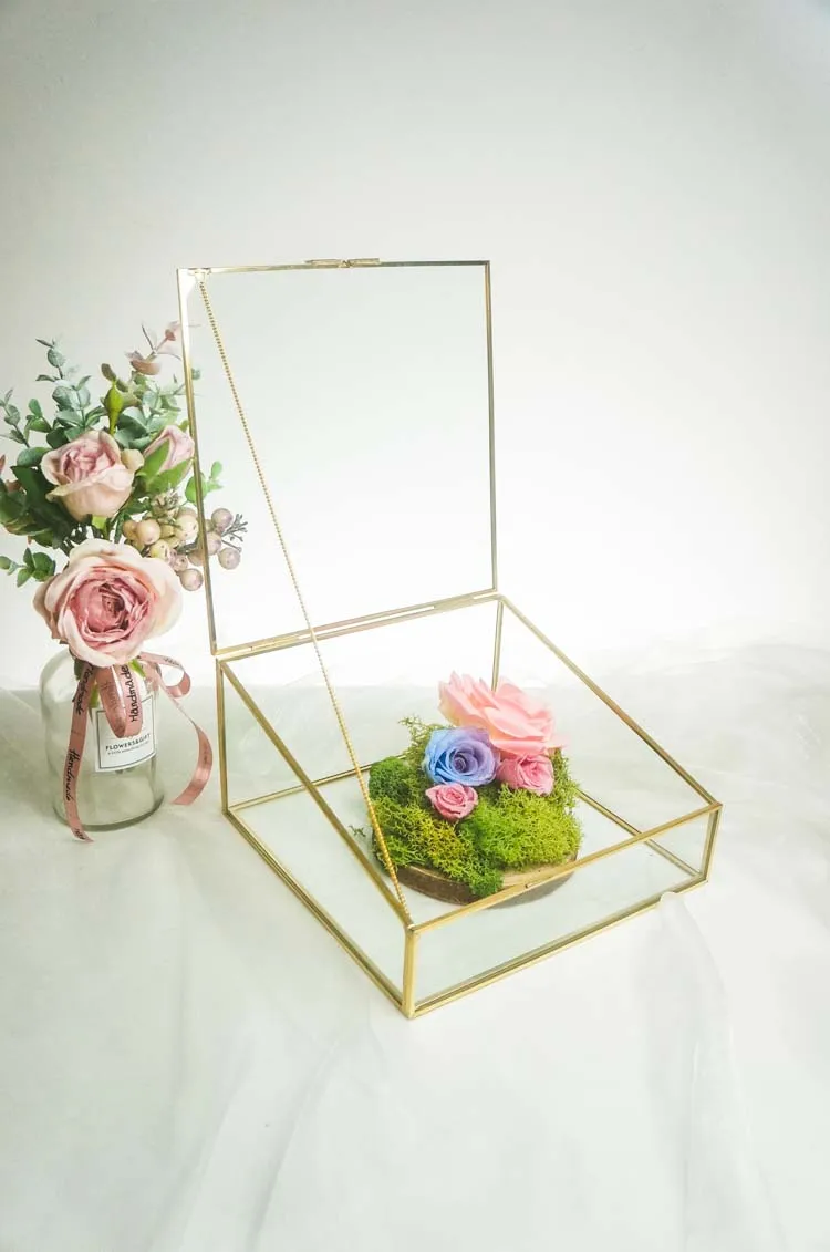 Golden Vintage Glass Lidded Boxs Rectangular And Brass Gold Mirror Tray Trinket Packaging Jewellery Organiser Glass Box