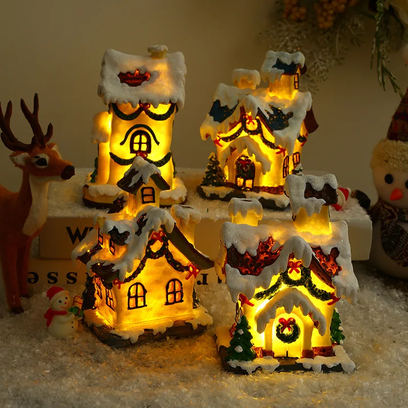 Christmas Decorations Christmas Light Up Resin Snowroof Village LED Light House Christmas Micro Landscape Decoration