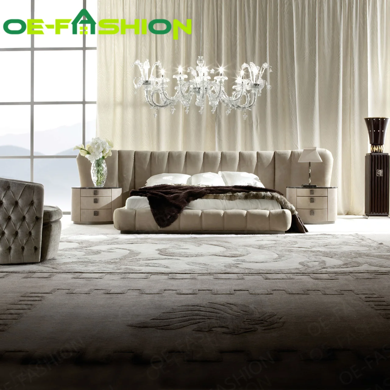 OE-FASHION oversize sophisticated opulent grey elite bedroom furniture suite luxury Italian villa high-end fabric velvet bed