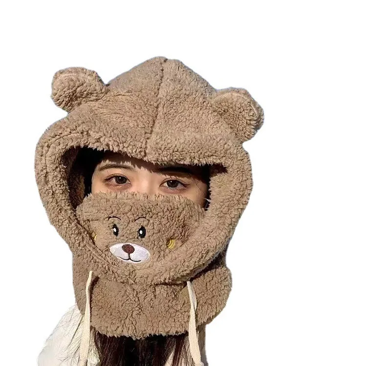 Women Girls Novelty Faux Sherpa Fur Snood winter Hat with Ears and Bear Face Covering