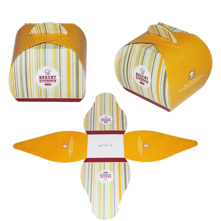 Custom printed flat ship folding cake/dessert paper boxes packaging with handle wholesale,cheap cake packing box with handle