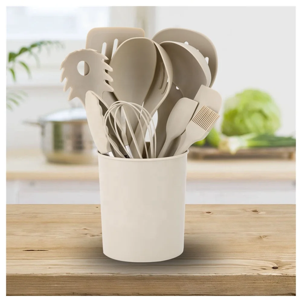 Eco-friendly hot selling 12pcs silicon kitchen utensil set with bucket cooking utensil with wood handle