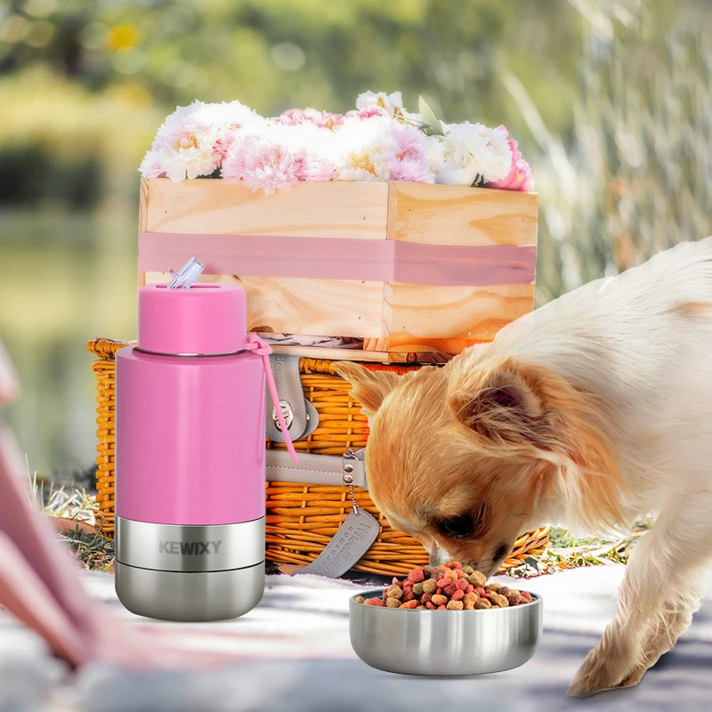 KEWIXY style 34oz 3 in 1 stainless steel pet food feeder insulated vacuum 1l travel portable dog drinking water bottle