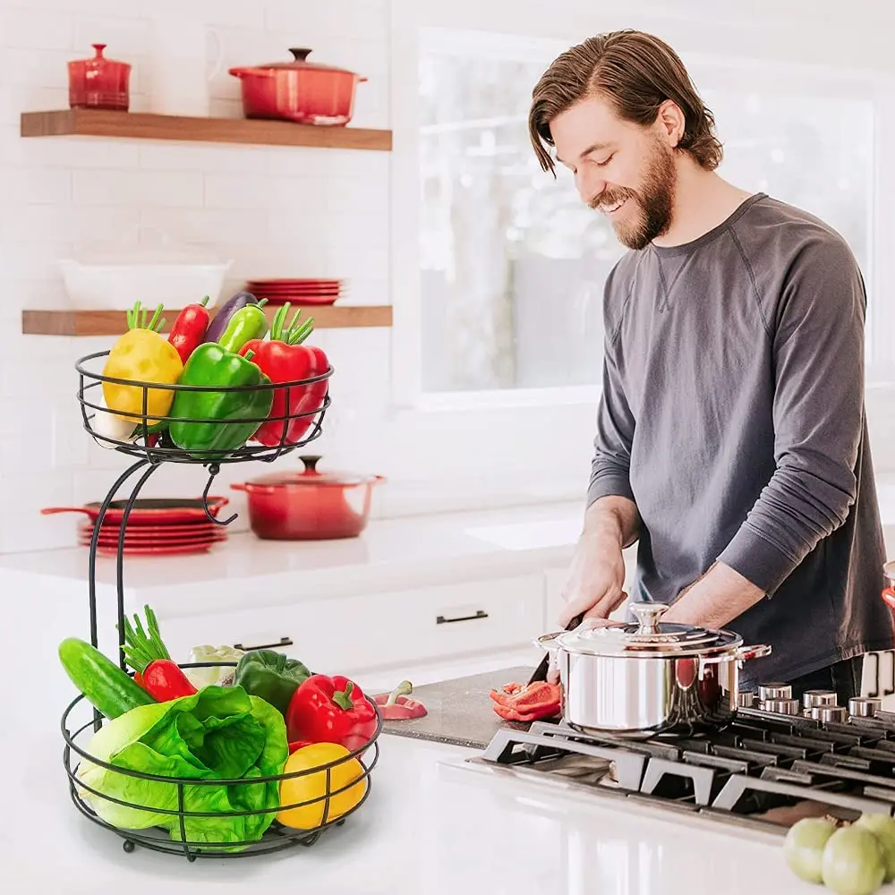 Кухонная корзина для фруктов с 2 ярусами из металлической проволоки и вешалкой бананов