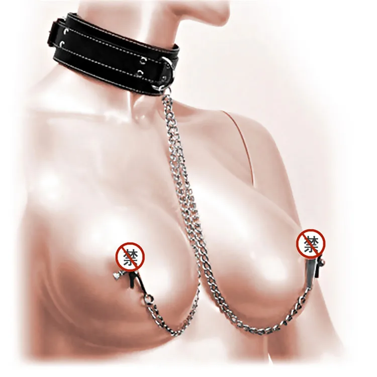 Wholesale Cheap Price Black Sex Neck Bondage Slave Collar Nipple Clamps Chain For Women