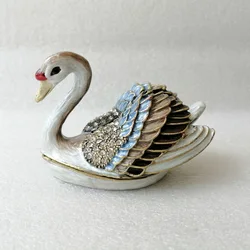 Antique Brass White Blue Hand Epoxy And Jeweled Swan Design Metal Zinc Alloy Jewelry Trinket Box