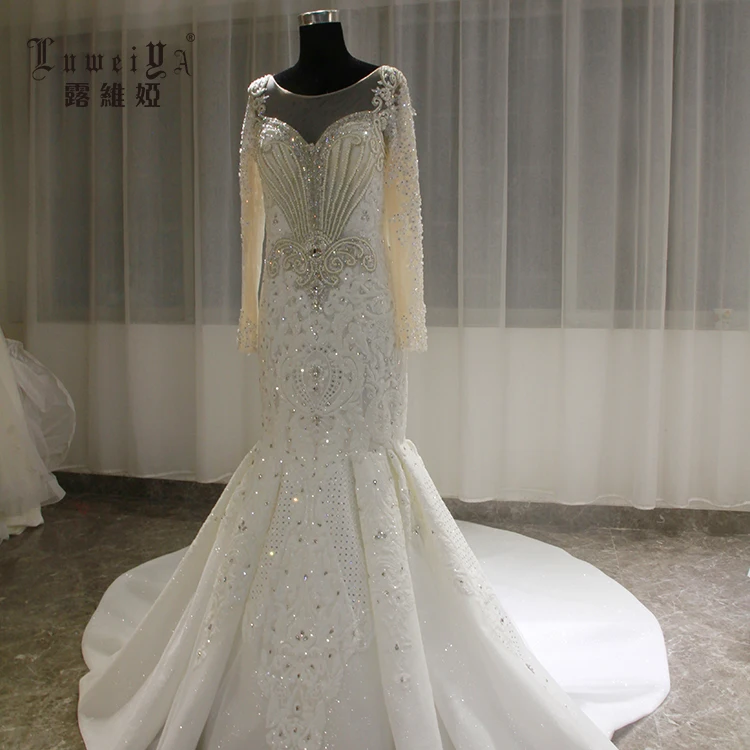 LUWEIYA New Dresses Luxurious Beaded Bride Gowns Long Sleeve Mermaid Wedding Dress Bridal Gowns With Long Train