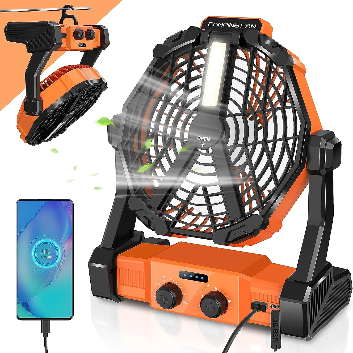 Rechargeable Outdoor Camping Fan with Led Light 8000mAH Portable Battery Operated Industrial Camping Floor Fan