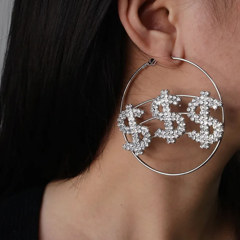 Fashion Rhinestone Dollar Sign Hanging Dangle Exaggerated Big Hoop Earrings Shiny Crystal Dollar Earrings