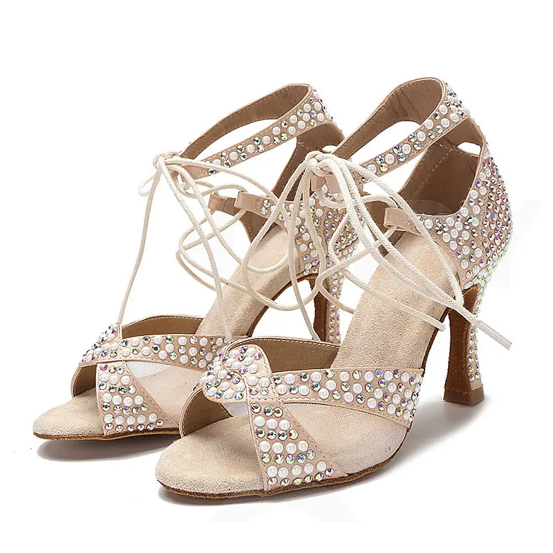 Mesh Diamond Inlaid Latin Dance Shoes Women Adult Dance Shoes High Heels Professional Soft Soled Dance Shoes