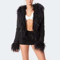 2023 Spring Vintage Custom Y2k Girls Cropped Faux Fur Trim Cardigan Coats Jacket Women
