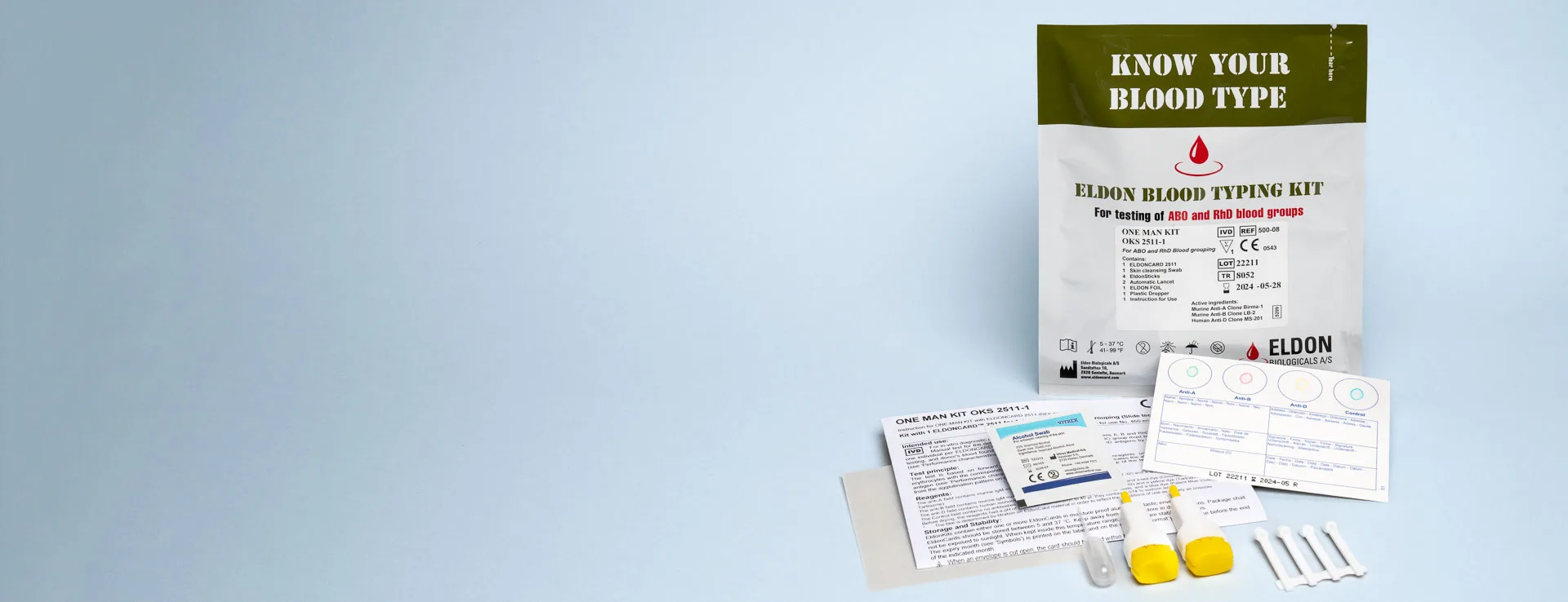 One Man Kit POC medical device to efficiently and quickly determine AB0 and Rhesus blood types made in Denmark