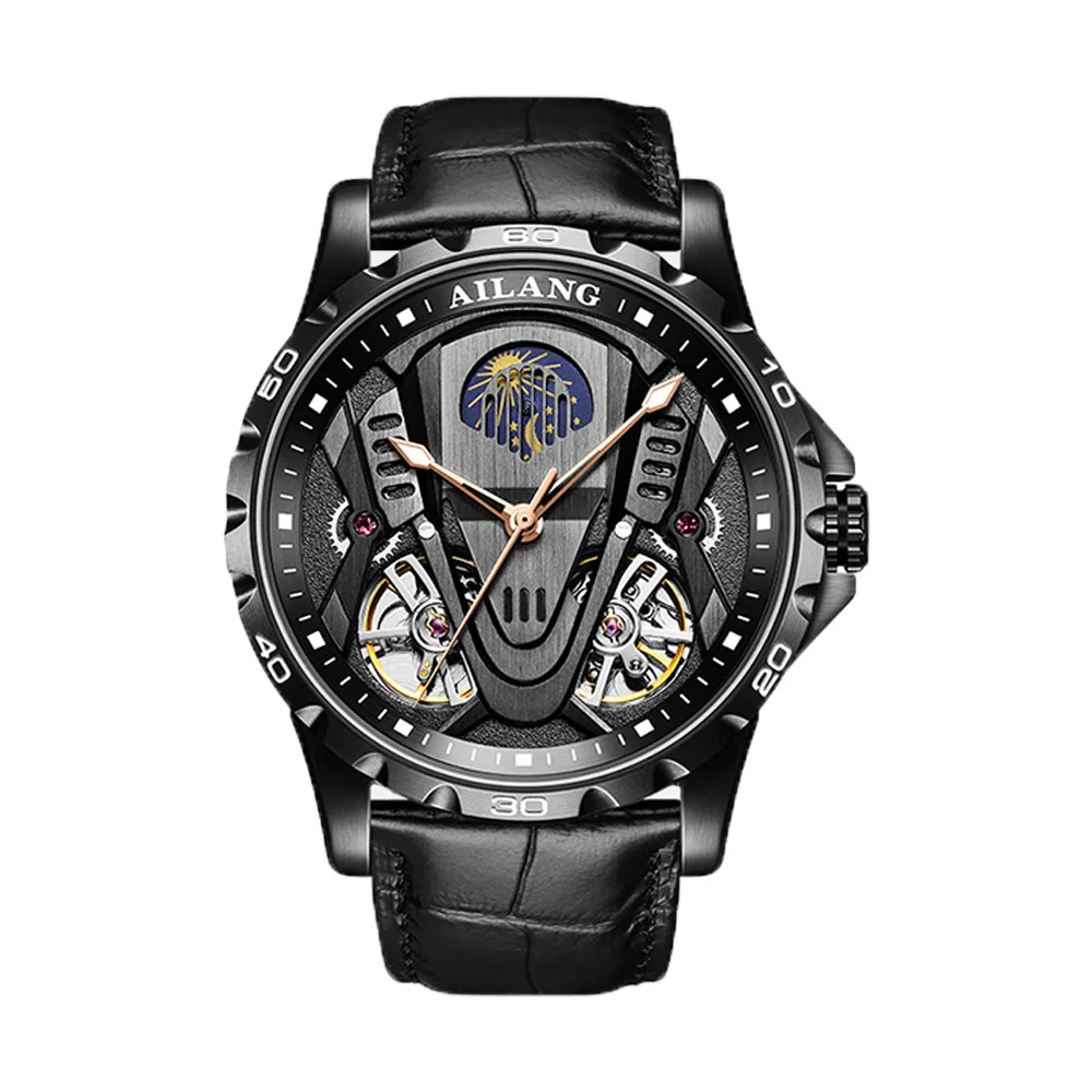 Custom logo Leather Skeleton Tourbillion Automatic Mechanical Watch for Men High Quality Luxury Brand