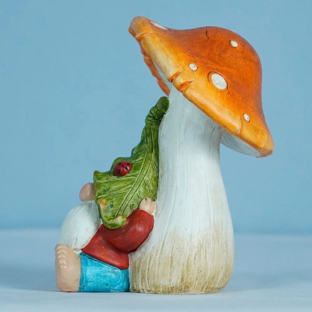Outdoor Gnomes Decorations garden gnome sitting under mushroom with ladybug  Resin garden gnome statue