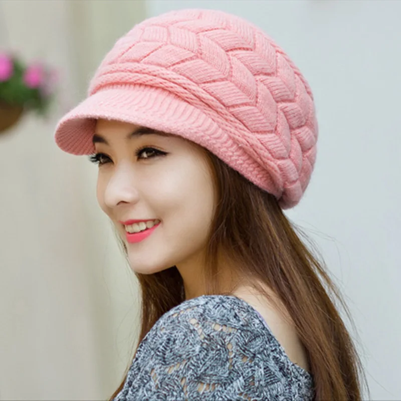 HZM-61004 Womens Winter Wool Newsboy Hats Knitted Billed Crochet Beanies with Brim Skull Visors Ski Casual
