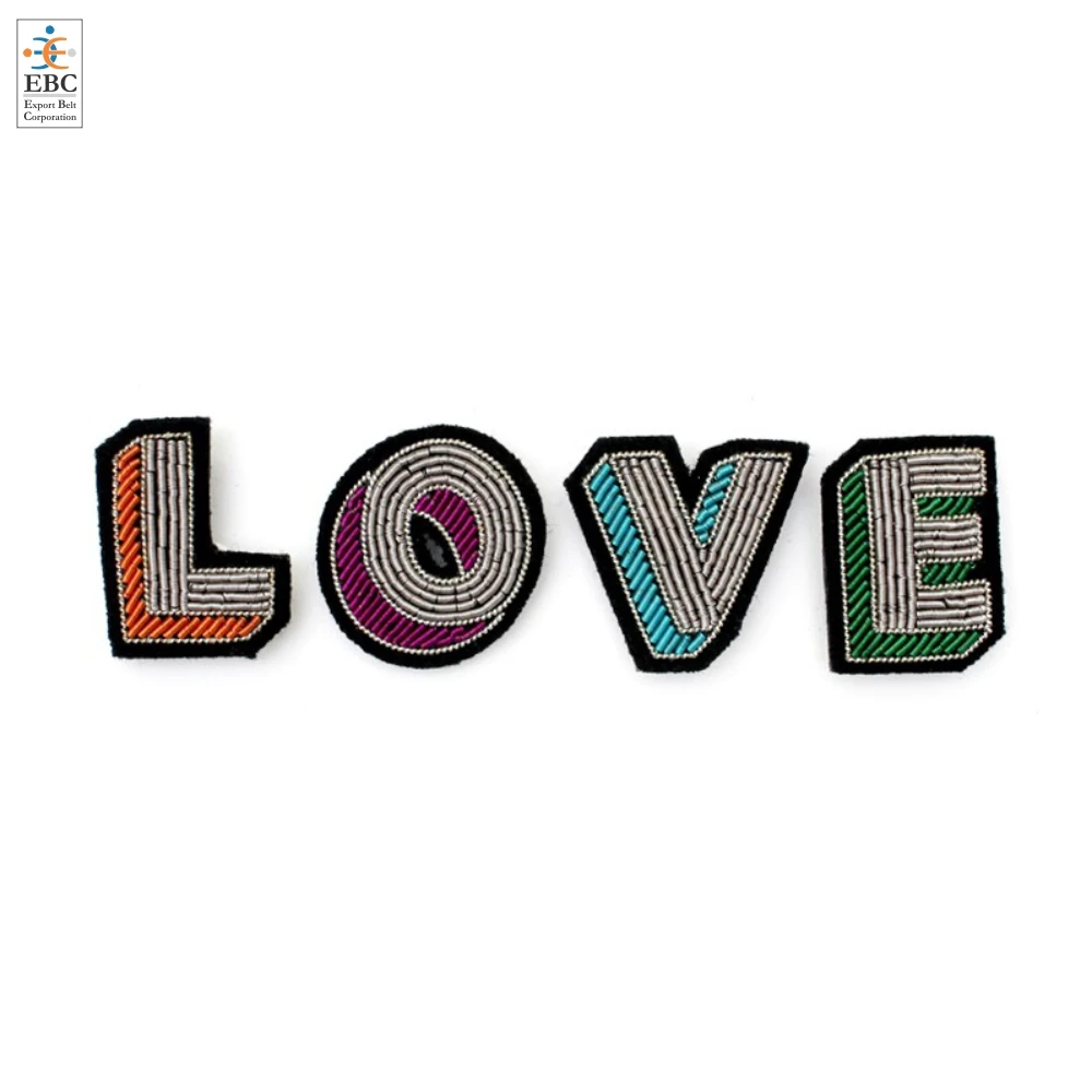 OEM Fashion Bullion Wire Embroidery Heart Brooch in Shiny Gold White Red Purple or Customized Colors Designs and Sizes Blazer