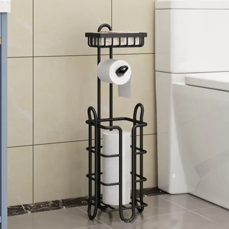 Wholesale Anti Rust Standing Toilet Tissue Roll Storage Rack Black Toilet Paper Holder Stand For Bathroom