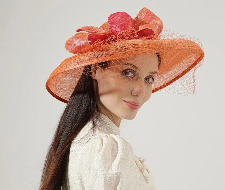 fashion chic Women orange sinamay UV protection sun hat wide brim Kentucky Derby Church wedding Party mesh veil hat