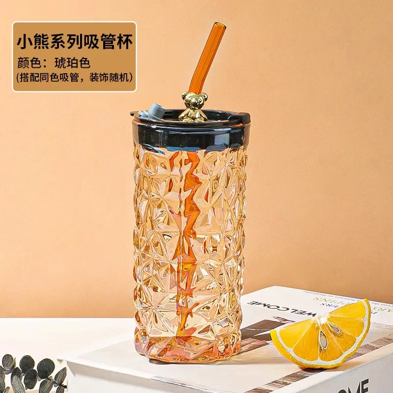 Bear series glasses with straw cups cute office cups milk cups to drink 400ml bottles