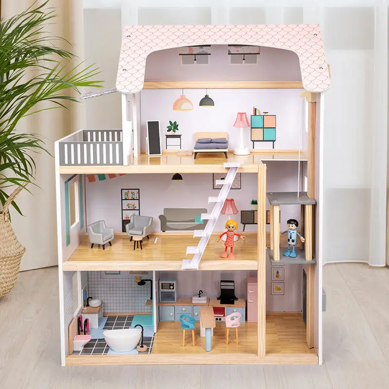 Pretend Role Play Diy Educational Toy Kids Wooden Doll House Villa With Doll Room