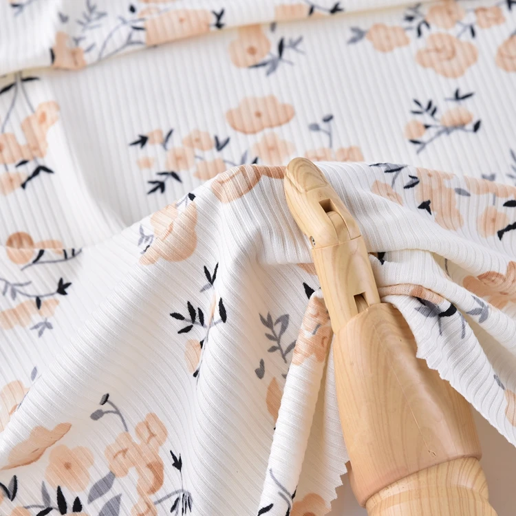 2023 New designed good quality flower printed brushed 4x2 rib fabric for women dress