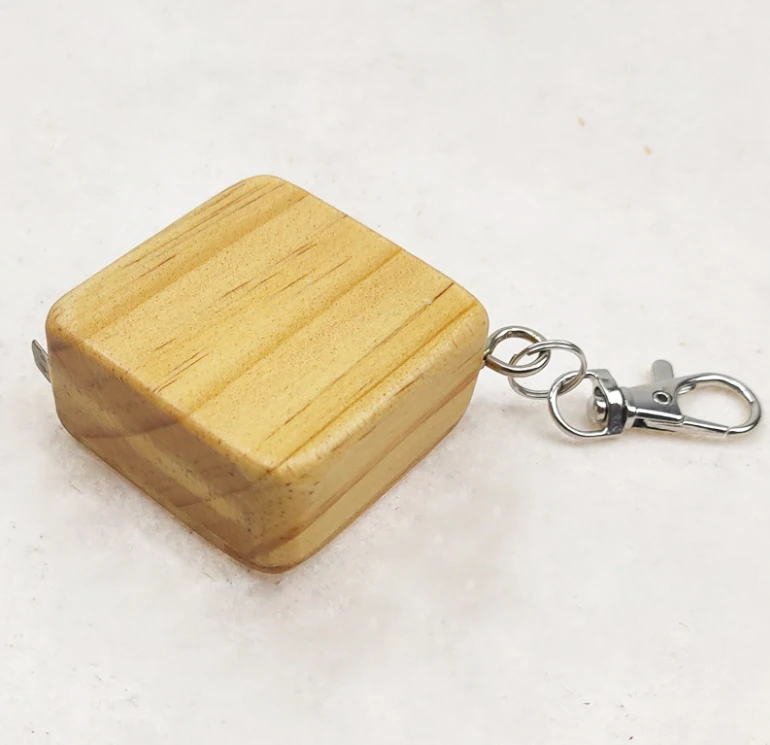 Custom logo laser engrave square 1M 2M wooden tape measure keychain