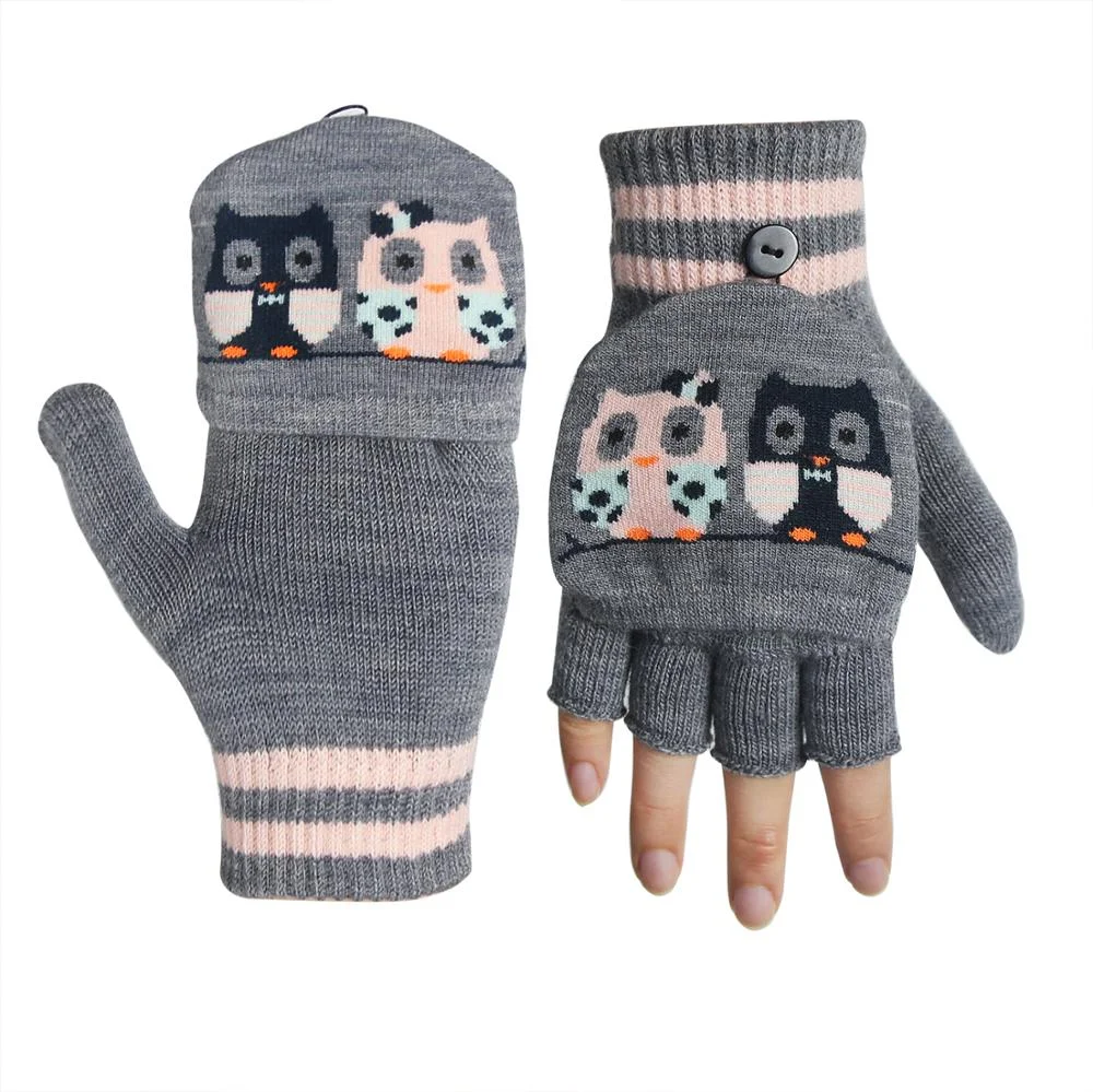 Jacquard Fingerless Knitted Animal Pattern Mittens Convertible Flip Top Cute Kids Winter Gloves with Flap Cover for Boys Girls