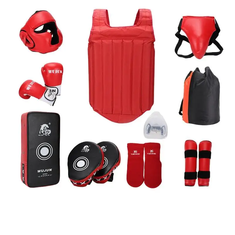 PU Leather 6 Pieces Sparring Gear Set Martial Arts Sanda Wushu Equipment Gear Set Boxing Protective Gear Set