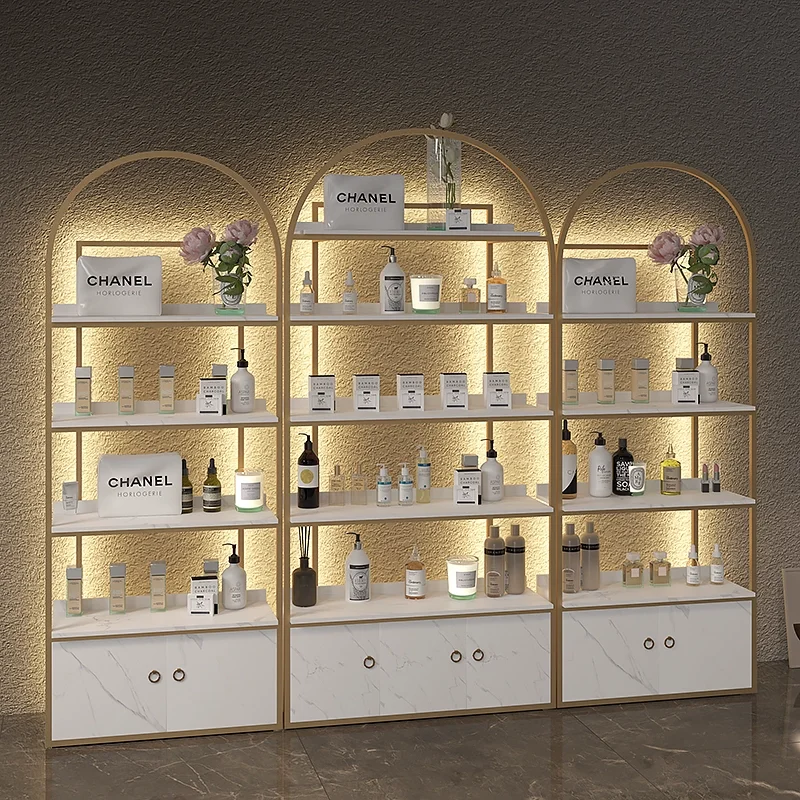 Customized beauty salon cosmetics display cabinet skincare products bag shelf light luxury nail salon floor standing shelf with