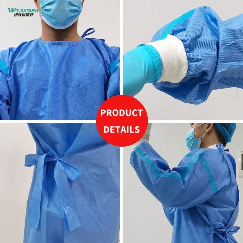 High quality 510K Disposable smms surgical gown 45g Long sleeve with tape used for Airport Isolation gown Reusable EN14126