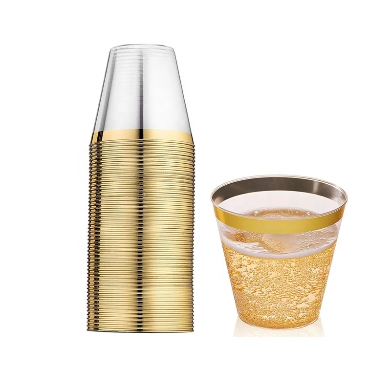 2021 Eco-friendly Home Garden 9oz Disposable Tablecloth Rose Gold Lace Tableware Sets Gold Disposable Plastic Cups