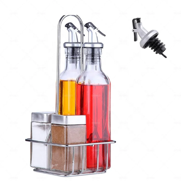 Glass Oil and Vinegar Dispenser Combo Cruet Set Salt and Pepper Shakers with Release Pourer Convenient Caddy Stand