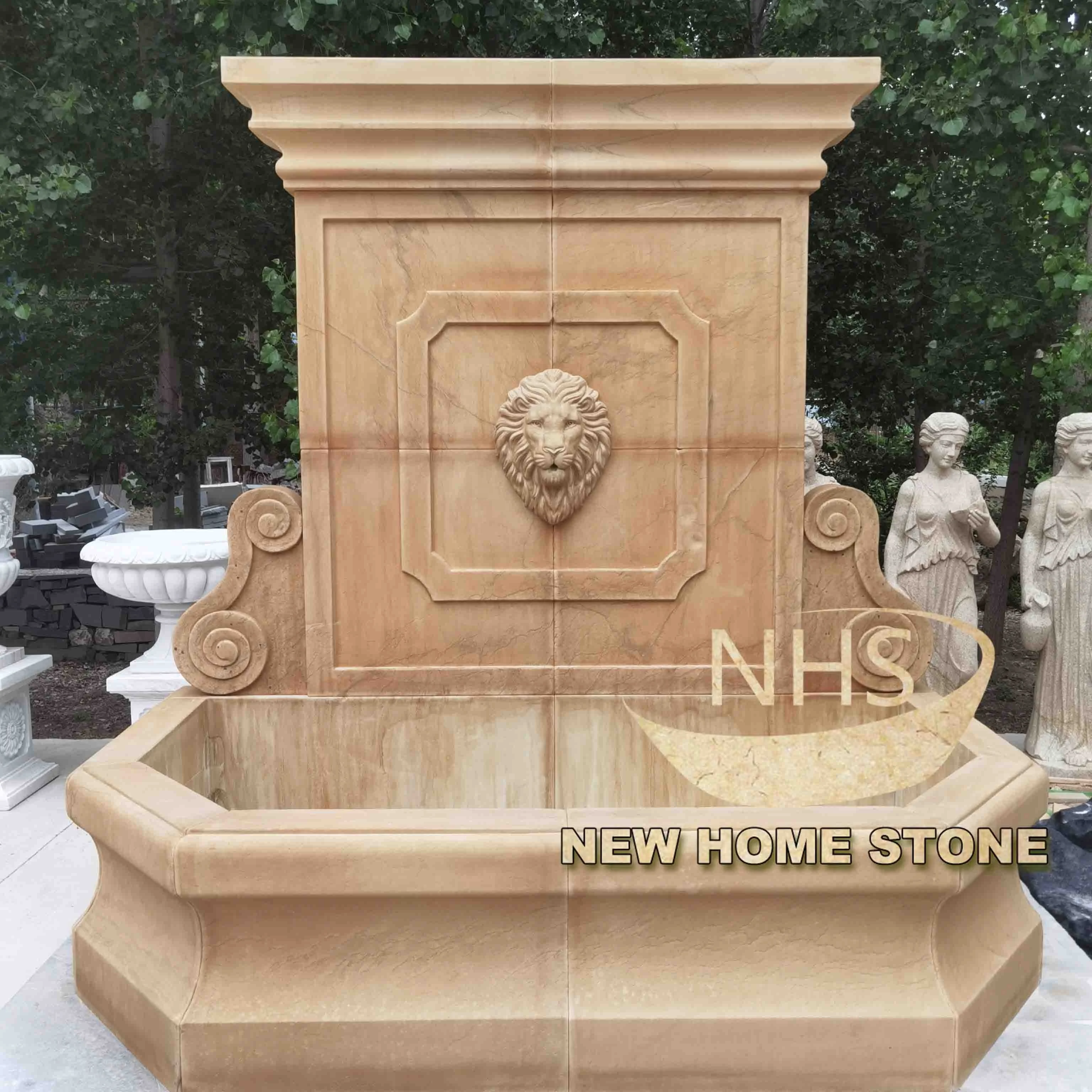 Antique beige stone wall fountain with lion head waterfall marble water limestone fountain for garden decor
