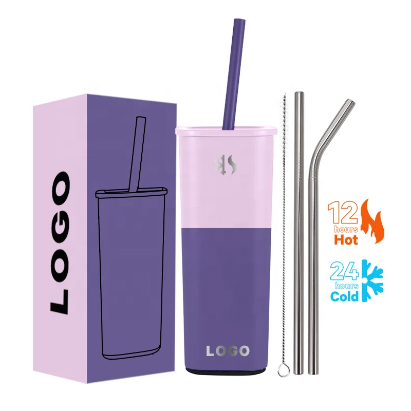 500 ml double wall stainless steel insulated vacuum thermal travel coffee mugs with straw square shape