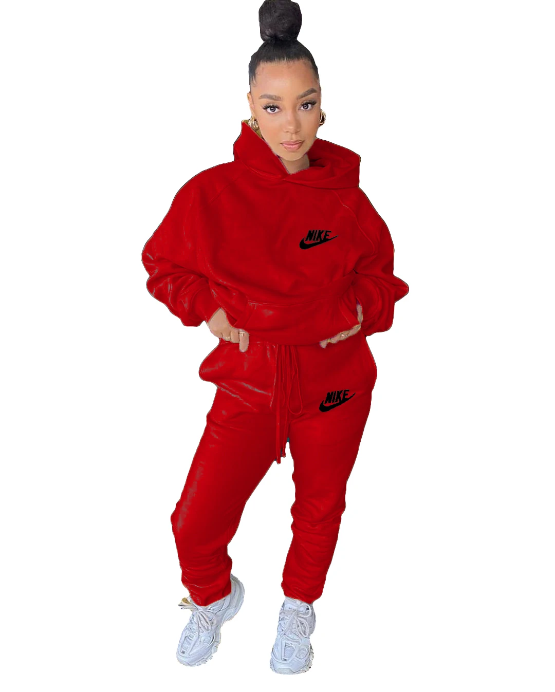 Trending Fall Women Casual Solid Color Nike 2 Piece Set Pullover Sport Jogging Embroidery Sweatsuit Hooded Tracksuit For women