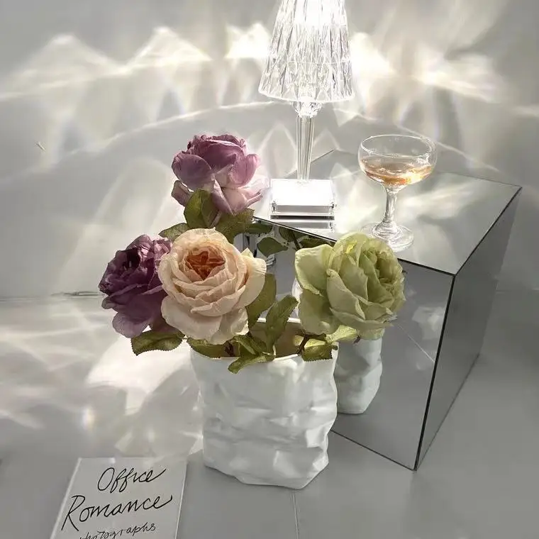 Vase Wrinkled Paper Bag Vase Low Temperature Ceramic Flower Pot For Ornaments Home Garden Tabletop White Vases Jarrones