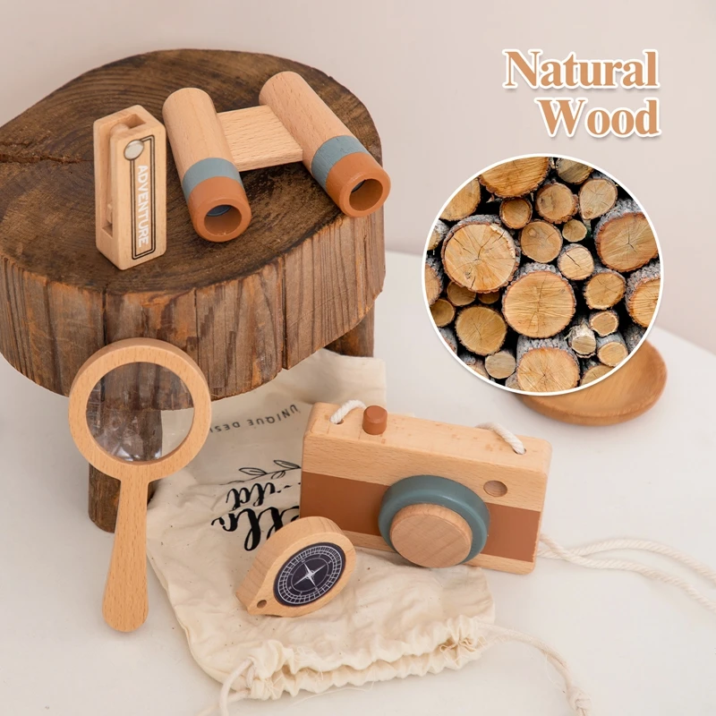 5pcs Outdoor Adventure Set DIY Science Engineering Wooden Toys Including Camera Magnifying Glass Telescope Compass Wooden Knife