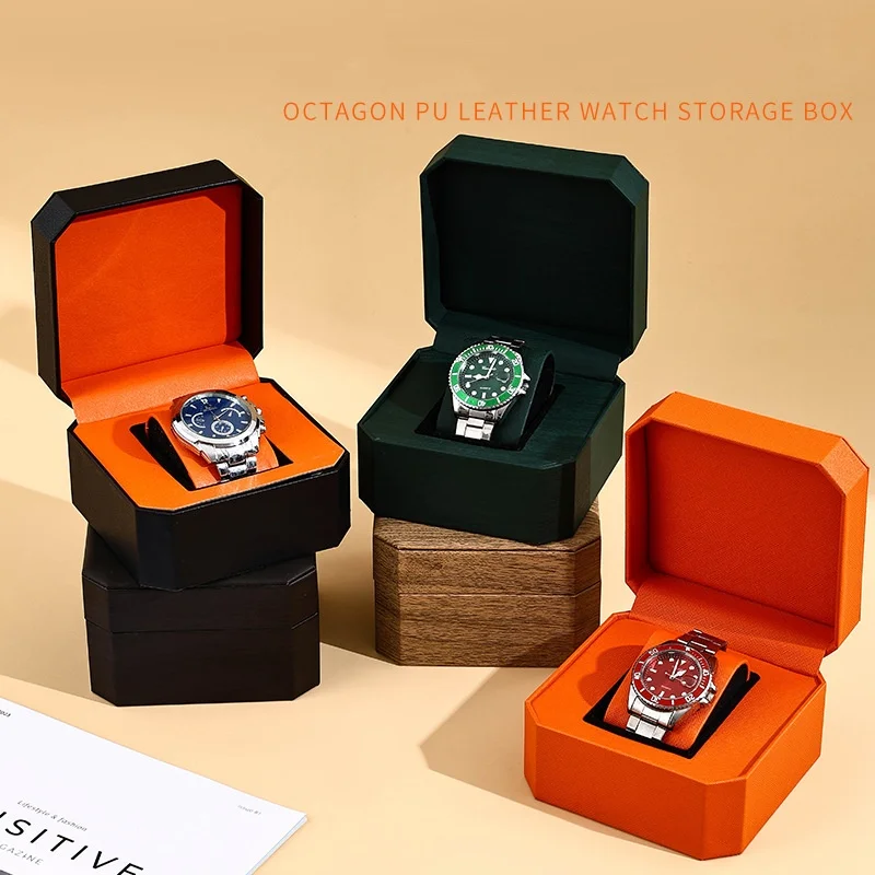 High-end European Style Customization Logo Octagonal  Leather Single Watch Display Case Single Watch Gift Storage Box Black